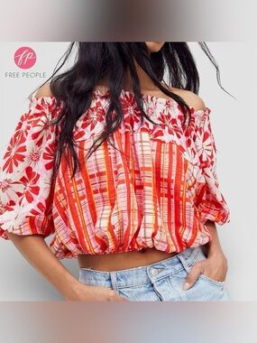 Free People Top Felicity Pink Combo Off Shoulder Printed Crop Linen Blend | Sz S